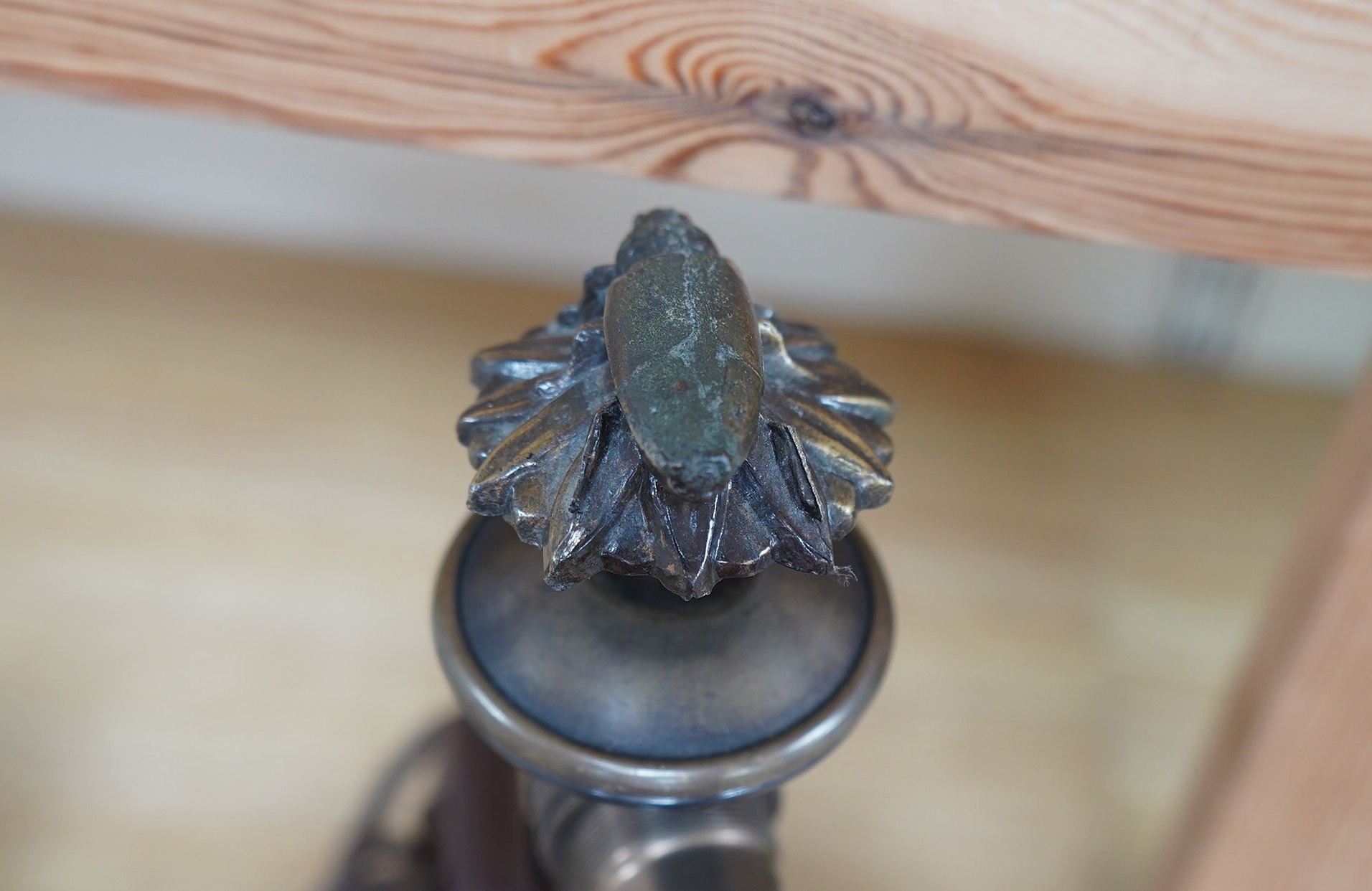 A Japanese bronze table lamp with shade, wired, overall 33cm high, Condition - minor scuffing to the lacquer finish, in good condition, not tested